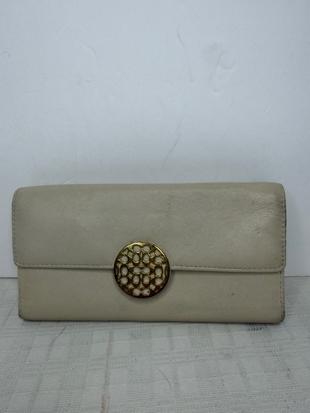 Cream Leather Clutch Wallet with Gold Medallion